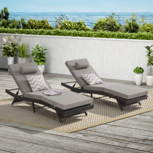 Outdoor Wicker Long Reclining Chair Set of 2 , Wicker Reclining Lounge Chair Lawn Sunbathing Chairs Recliner up to 150° Beach Poolside Garden