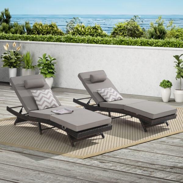 Outdoor Wicker Long Reclining Chair Set of 2 , Wicker Reclining Lounge Chair Lawn Sunbathing Chairs Recliner up to 150° Beach Poolside Garden