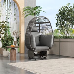 TREXM Outdoor Swivel Chair with Cushions, Rattan Egg Patio Chair with Rocking Function for Balcony, Poolside and Garden (Grey Wicker + Grey Cushion)