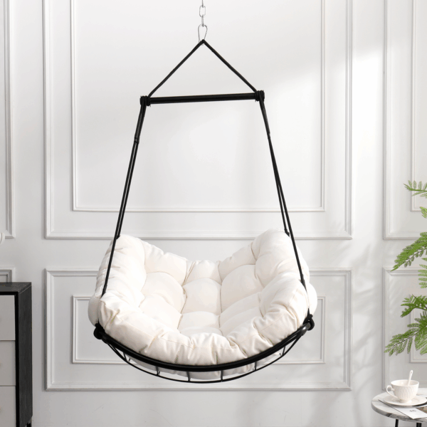Hammock Chair Swing with Cushion - Outdoor Indoor Hanging Hammock Chair for Patio, Porch, Bedroom, Garden, Courtyard, Balcony - Sturdy Steel Bar with Anti-Slip Safety Rings, white