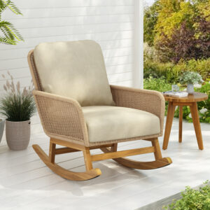 Contemporary Minimalist Beige Wicker Rocking Chair with Soft Polyester Cushions and Durable Wooden Frame, Perfect for Indoor and Outdoor Spaces like Patio, Balcony, or Living Room
