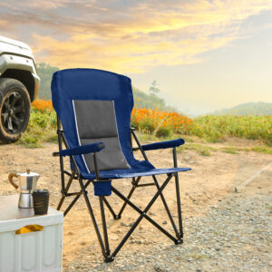 High Back Heavy Duty Lawn Chair Support 250LBS, Portable Collapsible Chair with Cup Holder -Navy blue