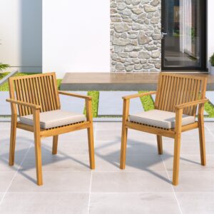 Patio Dining Chair Set of 2 - Sturdy Acacia Wood, Comfortable Waterproof Seating, 400 lbs Capacity, Natural Color Frame