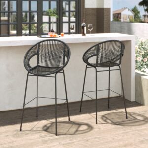 Ferrara Outdoor Patio Black Faux Wicker Barstool, Set of 2