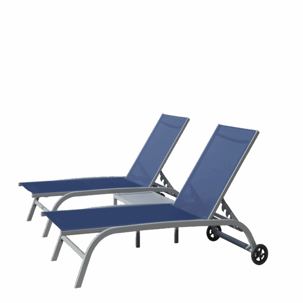 Chaise Lounge Outdoor Set of 3, Lounge Chairs for Outside with Wheels, Outdoor Lounge Chairs with 5 Adjustable Position, Pool Lounge Chairs for Patio, Beach(Blue, 2 Lounge Chairs+1 Table)