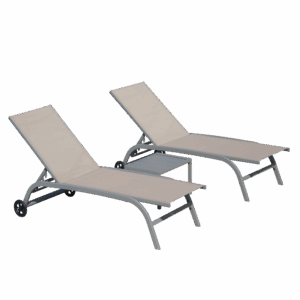 Chaise Lounge Outdoor Set of 3, Lounge Chairs for Outside with Wheels, Outdoor Lounge Chairs with 5 Adjustable Position, Pool Lounge Chairs for Patio, Beach (Khaki,2 Lounge Chairs+1 Table)
