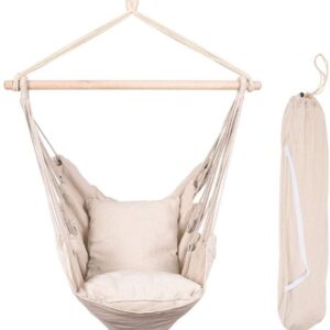 Hammocks Hanging Rope Hammock Chair Swing Seat with Two Seat Cushions and Carrying Bag, Natural