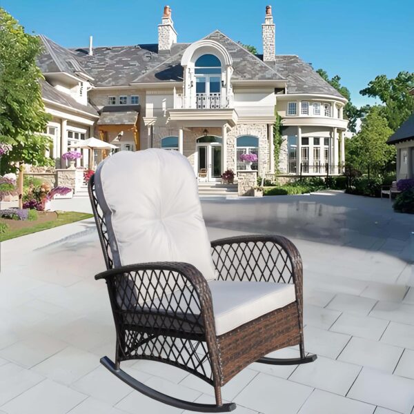 Outdoor Wicker Rocking Chair with Wide Seat, Thick, Soft Cushion, Rattan Rocker w/Steel Frame, High Weight Capacity for Patio, Garden, Backyard, Grey Cushion