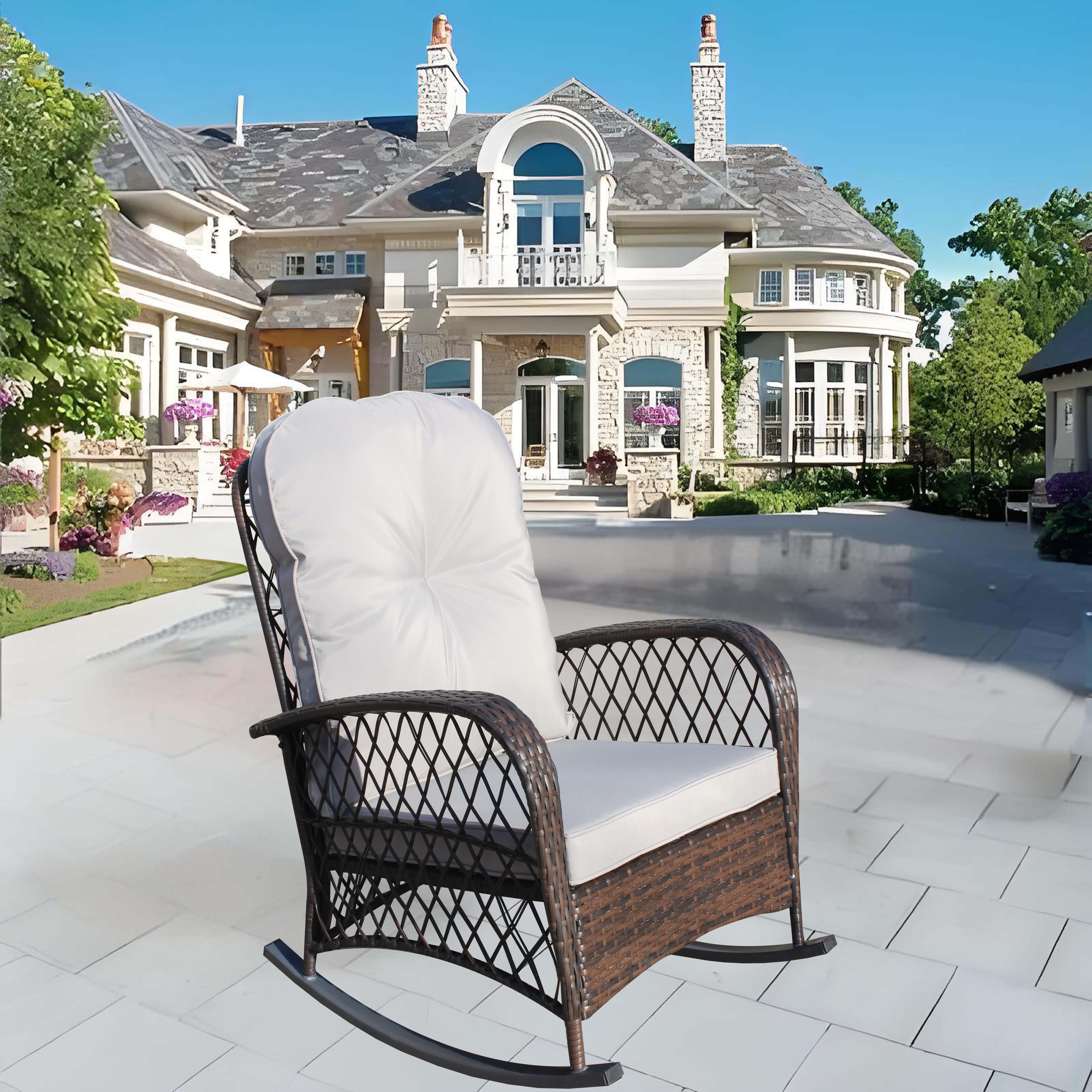Outdoor Wicker Rocking Chair with Wide Seat, Thick, Soft Cushion, Rattan Rocker w/Steel Frame, High Weight Capacity for Patio, Garden, Backyard, Grey Cushion