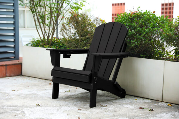 HDPE Folding Adirondack Chair with Dual Cup Holder - Composite Adirondack Chair with Wood Texture- Black