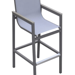 Marina Outdoor Patio Barstool in Gray Powder Coated Finish with Gray Sling Textilene and Gray Wood Accent Arms