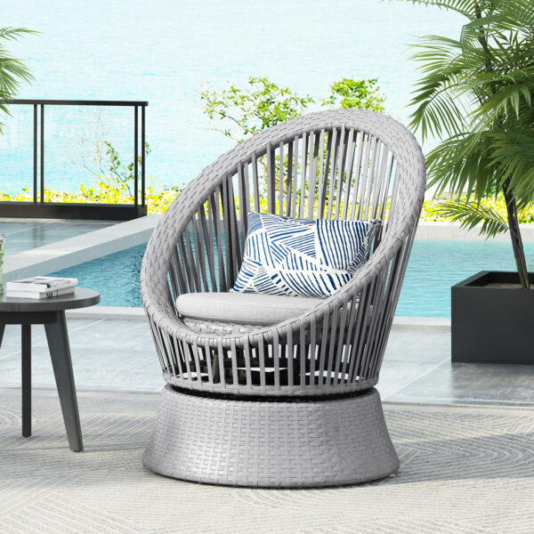 26.7" Modern Silver Swivel Wicker Lounge Chair with xianRattan and Iron Frame, Featuring a Stylish Round Design, Perfect for Living Room, Patio, or Balcony Relaxation