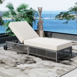 TREXM Outdoor Lounge Chair, Patio Chaise Lounge with 5-Position Backrest, Rattan Outdoor Lounge Chair with Cushion and Wheels for Poolside, Backyard, Garden (Grey+Beige)