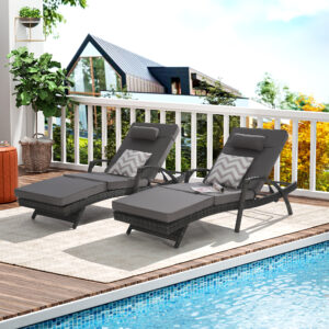 Outdoor Wicker Long Reclining Chair Set of 2 with Cushions, Wicker Reclining Lounge Chair Lawn Sunbathing Chairs Recliner up to 150° Beach Poolside Garden