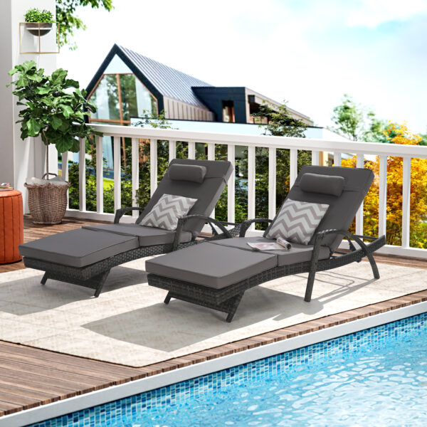 Outdoor Wicker Long Reclining Chair Set of 2 with Cushions, Wicker Reclining Lounge Chair Lawn Sunbathing Chairs Recliner up to 150° Beach Poolside Garden