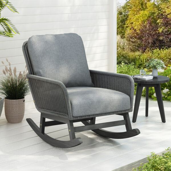 Contemporary Minimalist Gray Wicker Rocking Chair with Soft Polyester Cushions and Durable Wooden Frame, Perfect for Indoor and Outdoor Spaces like Patio, Balcony, or Living Room