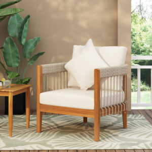 Acacia Wood Outdoor Club Chair with Handwoven Rope Accents & Curved Backrest - Water-Resistant Boho Patio Lounge Chair with Removable Cushions for Porch, Garden