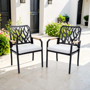 Outdoor Patio K/D Aluminum Stationary Dining Chairs 2PCS with Outdoor-grade Sunbrella Fabric Cushions, Branch-Like Backrest ,FSC-Certified Wood Armrests, Bourbon Brown
