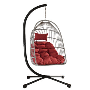 Outdoor Egg Hanging Chair with Stand, Patio Wicker Swing Egg Chair Indoor Swinging Chair Outdoor Hammock Egg Chair red