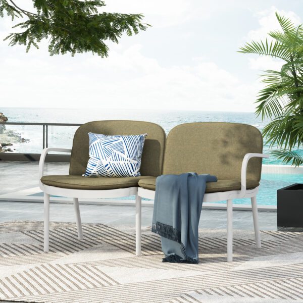 Luna Outdoor Patio PP Loveseat, White Frame with Green Cushion