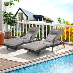 Outdoor Wicker Long Reclining Chair Set of 2 with Cushions, Wicker Reclining Lounge Chair Lawn Sunbathing Chairs Recliner up to 150° Beach Poolside Garden