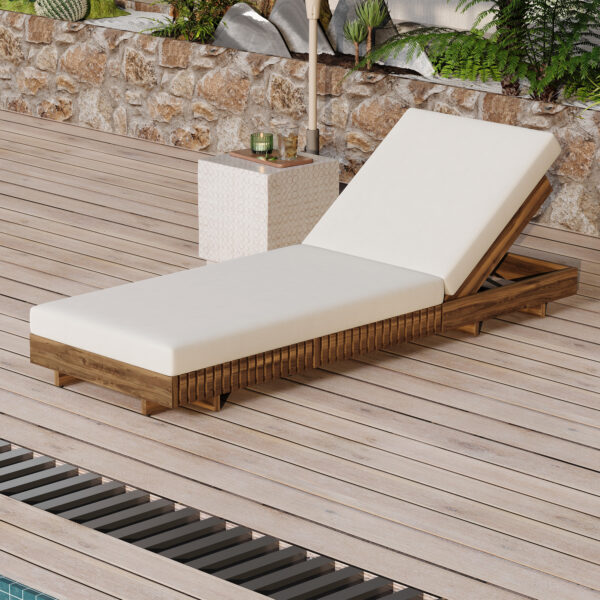 Outdoor Chaise Lounge Chair with 6-Position Adjustable Backrest,Acacia solid wood,TEAK COLOR