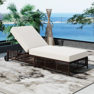 TREXM Outdoor Lounge Chair, Patio Chaise Lounge with 5-Position Backrest, Rattan Outdoor Lounge Chair with Cushion and Wheels for Poolside, Backyard, Garden (Brown+Beige)