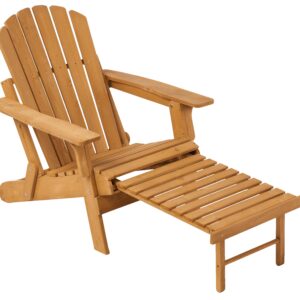 Outdoor Wooden Folding Adirondack Chair with Retractable Ottoman, Pre-Assembled BackRest & SeatBoard, Wood Patio Chair for Garden Backyard Porch Pool Deck Firepit