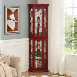 Corner Curio Cabinet Lighted Corner Display, Glass Display Shelf Shelving Bar cabinet with Tempered Glass Door, Bar Cabinet,Cabinet with Adjustable Shelf Glass Cabinet Shelves Bead Bulb Included
