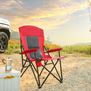High Back Heavy Duty Lawn Chair Support 250LBS, Portable Collapsible Chair with Cup Holder -Red