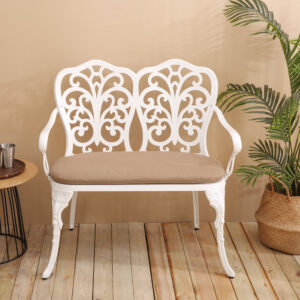 Patio Garden Bench Metal Park Bench Cast Aluminum Outdoor Furniture with Floral Rose for Patio,Park,Lawn,Yard with cushion white