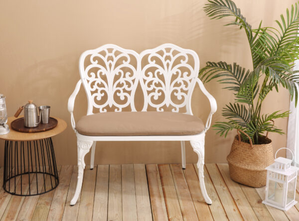 Patio Garden Bench Metal Park Bench Cast Aluminum Outdoor Furniture with Floral Rose for Patio,Park,Lawn,Yard with cushion white