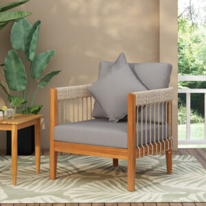 Acacia Wood Outdoor Club Chair with Handwoven Rope Accents & Curved Backrest - Water-Resistant Boho Patio Lounge Chair with Removable Cushions for Porch, Garden