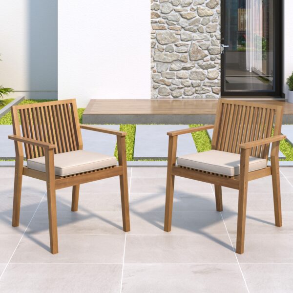 Patio Dining Chair Set of 2 - Sturdy Acacia Wood, Comfortable Waterproof Seating, 400 lbs Capacity, Brown Color Frame