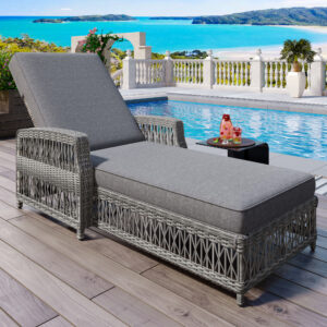 GO Outdoor Long Reclining Chaise, Wicker Lounge with Armrests, Patio Adjustable Recliner with Soft Removable Cushions, All Weather Rattan Pool Lounge for Poolside & Garden, Gray