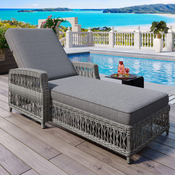 GO Outdoor Long Reclining Chaise, Wicker Lounge with Armrests, Patio Adjustable Recliner with Soft Removable Cushions, All Weather Rattan Pool Lounge for Poolside & Garden, Gray
