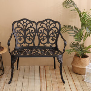 Patio Garden Bench Metal Park Bench Cast Aluminum Outdoor Furniture with Floral Rose for Patio,Park,Lawn,Yard Black