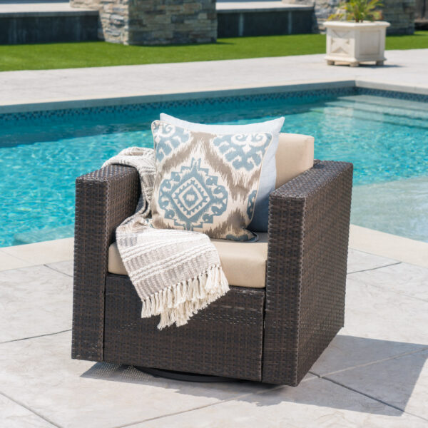 Outdoor Swivel Patio Chair with Cushions (Single, Dark Brown / Beige)