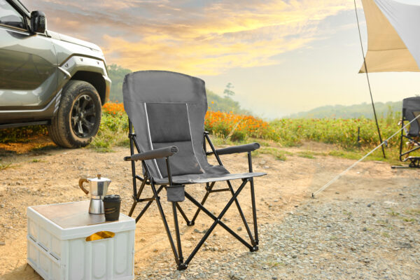 High Back Heavy Duty Lawn Chair Support 250LBS, Portable Collapsible Chair with Cup Holder -Grey
