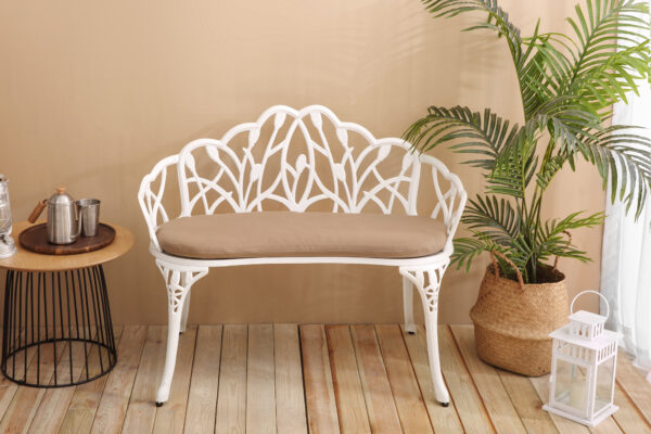 Tulip Patio Garden Bench Metal Park Bench Cast Aluminum Outdoor Furniture with Floral Rose for Patio,Park,Lawn,Yard with cushion
