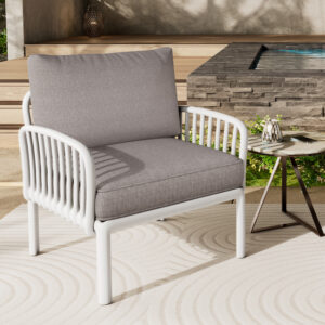 Outdoor Patio Club Chair, Modern Patio Furniture, Waterproof Thick Cushion Deep Seating for Porch, Balcony, White & Light Gray