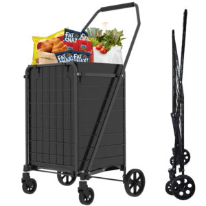 Shopping Cart with Shelf,Grocery Cart on Wheels, Foldable Utility Shopping Carts with Double Basket and 360° Rolling Swivel Wheels for Groceries Laundry