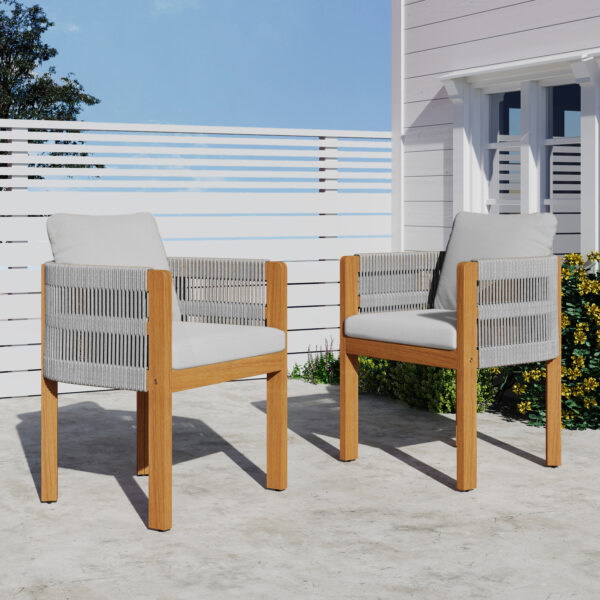 Acacia Wood Outdoor Dining Chairs 2-Pack with Grey Rope Handles, Washable Waterproof Grey Cushions, 400 lbs Capacity