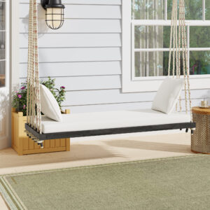 TOPMAX Patio Wooden Swing Chair, Hanging Porch Swing Bench with Cushion&Pillows, 10.8Ft Hemp Ropes for Garden,Backyard, Lawn,Brown