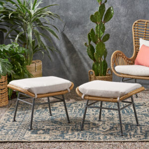 Montana Light Brown Faux Rattan Outdoor Patio Ottoman with Cushion (Set of 2)