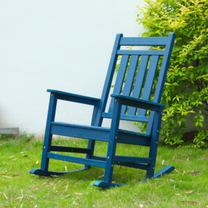 Oversized Rocking Chair with Wood-Texture, Outdoor Rocking Chair for Adults, All Weather Resistant Porch Rocker for Lawn Garden, Navy Blue