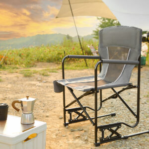Outdoor Freestyle Rocker Camping Chair Portable Folding Rocking Chair with Solid, Durable Armrests, Drink Holder & Comfortable Backrest -Grey