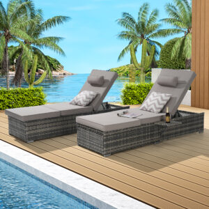 Outdoor Chaise Lounge Chair Set of 2 with Storage Patio Pool Chairs Tanning Lounges for Outside,Beach Rattan Recliners with Adjustable Backrest, Table, Cushion for Poolside Backyard Garden
