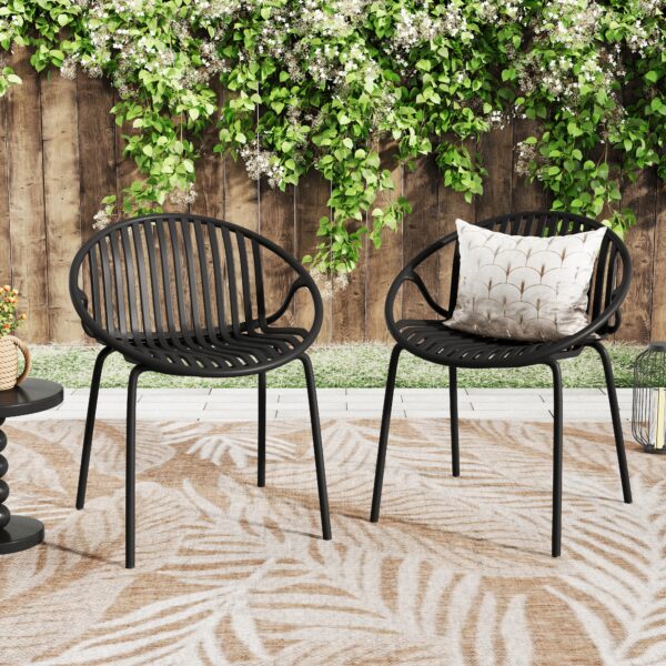 Patio Dining Chairs Stackable Chairs with Breathable Design Modern Simple Art Style (Set of 2),Metal Legs+Plastic backrest,Black