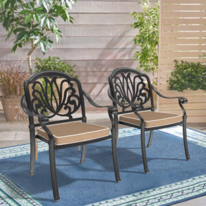 Cast Aluminum Patio Dining Chair 2PCS With Black Frame and Brown Cushions